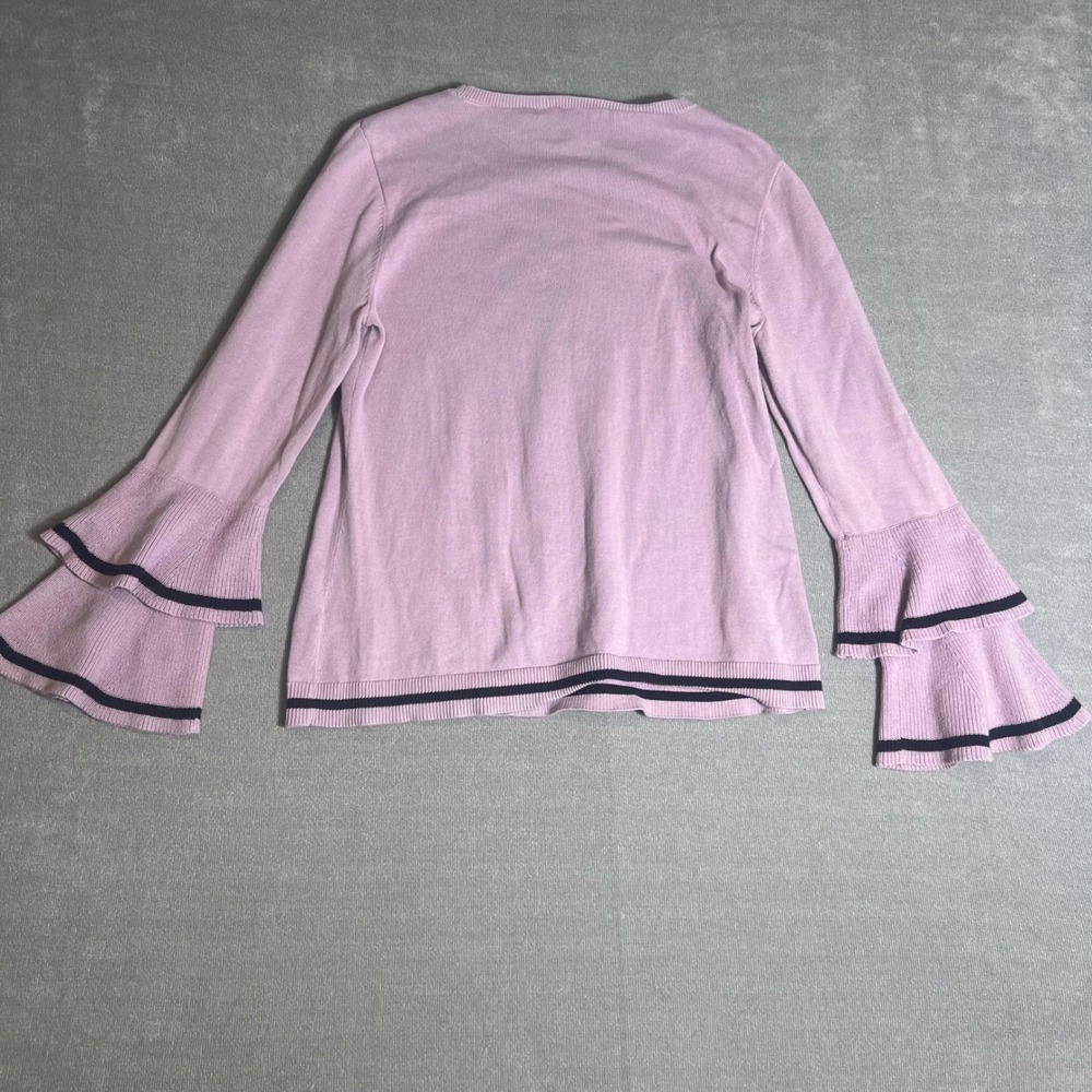 CeCe Pink Tiered Bell Sleeve Cotton Sweater Navy Stripe Trim Lavender Medium - Picture 6 of 7